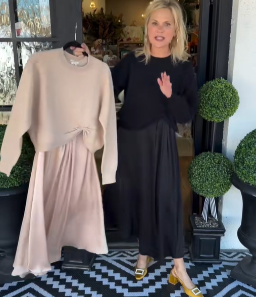 Practical Fashion Knit Ruched Sweater and Satin Stretch Tank Midi Dress Two-piece Set