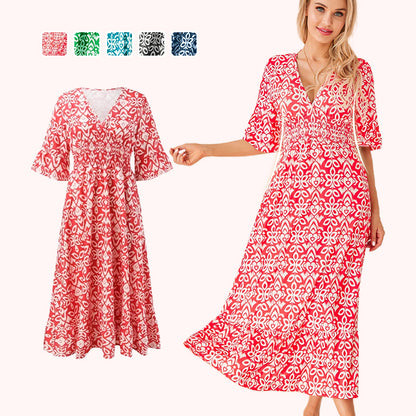 💖LAST DAY SALE 50% OFF💖Bohemian Casual Print V-neck Waist Wrap Long Dress