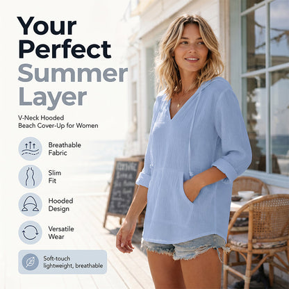 🌊SUMMER HOT SALE 50% OFF 💖Women's Solid V-Neck Long Sleeve Hooded Top with Pocket