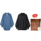 Women's Casual Loose Denim V-Neck Pullover Shirt with Batwing Sleeves and Asymmetrical Hem