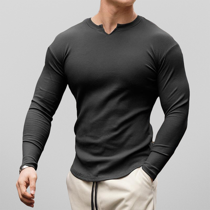 V-Neck Longline Ribbed Tees Shirts Long Sleeve Gym Workout Athletic Menswear Tops