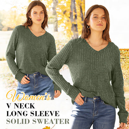 🍂Autumn Hot Sale 50% OFF🔥Women's V Neck Long Sleeve Solid Sweater