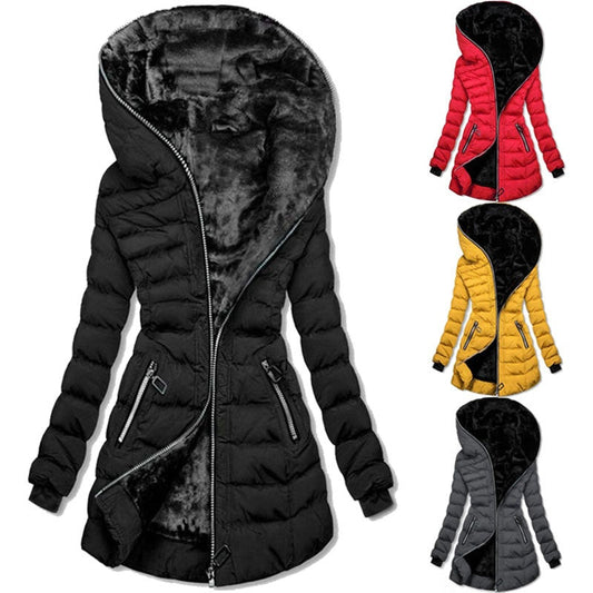 Women's Hooded Mid-Length Winter Coat with Plush Lining