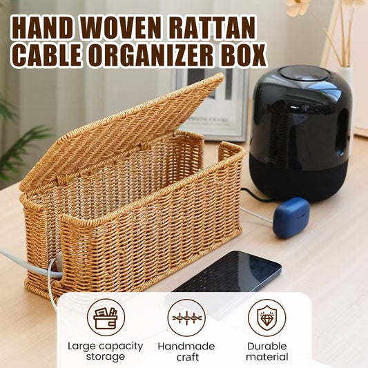 Hand Woven Rattan Cable Organizer Box with Lid