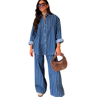 Women's Casual Striped Shirt and Pants Set