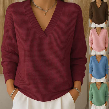 Women's Casual Long Sleeve V-Neck Waffle Knit Top