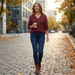Women's Casual Long Sleeve V-Neck Waffle Knit Top