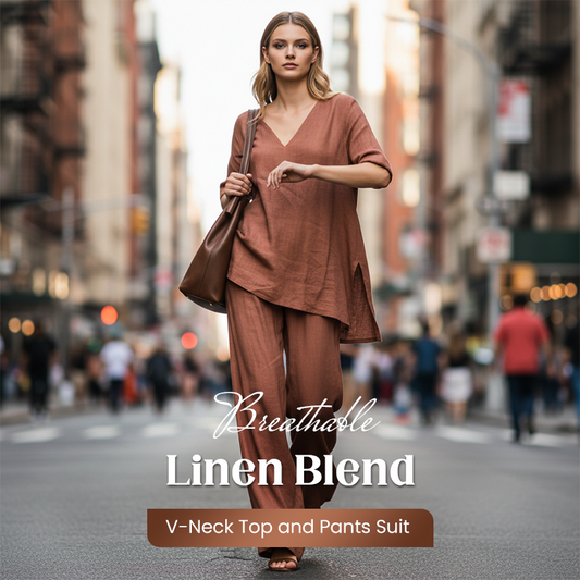 Breathable Linen Blend V-Neck Top and Pants Suit