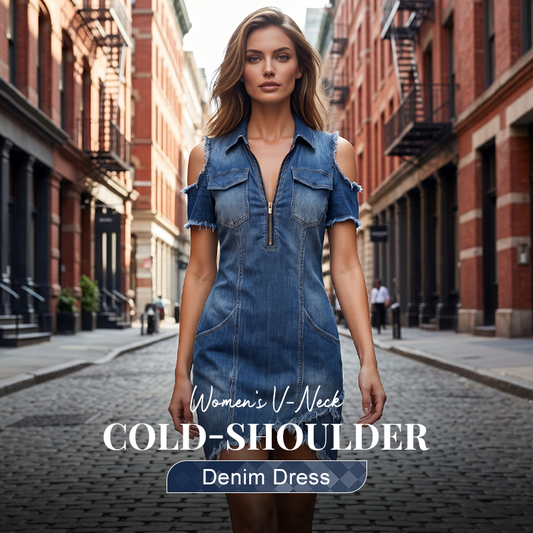 ⏳Limited-time 50% off⏰Women's Cold-Shoulder Denim Dress👗