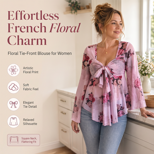 🔥Summer Bestseller🔥🌸 Floral Print Square Neck Blouse with Tie-Front Detail