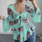 🔥Summer Bestseller🔥🌸 Floral Print Square Neck Blouse with Tie-Front Detail