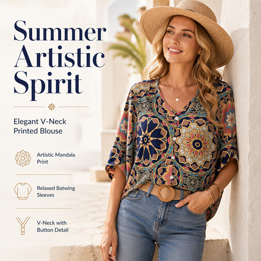 Women's V-Neck Bohemian Print Blouse Summer Loose Fit Shirt