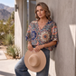 Women's V-Neck Bohemian Print Blouse Summer Loose Fit Shirt