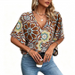 Women's V-Neck Bohemian Print Blouse Summer Loose Fit Shirt
