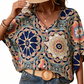 Women's V-Neck Bohemian Print Blouse Summer Loose Fit Shirt