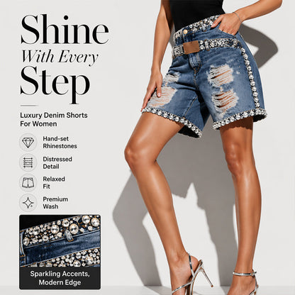 ⌛Limited-Time Offer-Women's Rhinestone Ripped Denim Shorts