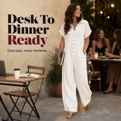 Women's Casual Loose Short Sleeve Button Jumpsuit