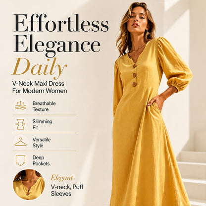⌛Limited-Time Offer-Women's Casual V-Neck Maxi Dress with Puff Sleeve