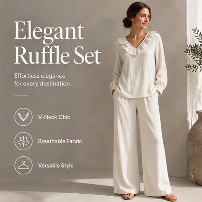 Women's Resort Style V-Neck 2-Piece Outfit Loose Long Sleeve Top Wide Leg Pants Set