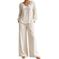 Women's Resort Style V-Neck 2-Piece Outfit Loose Long Sleeve Top Wide Leg Pants Set