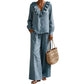Women's Resort Style V-Neck 2-Piece Outfit Loose Long Sleeve Top Wide Leg Pants Set