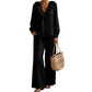 Women's Resort Style V-Neck 2-Piece Outfit Loose Long Sleeve Top Wide Leg Pants Set