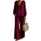 Women's Resort Style V-Neck 2-Piece Outfit Loose Long Sleeve Top Wide Leg Pants Set