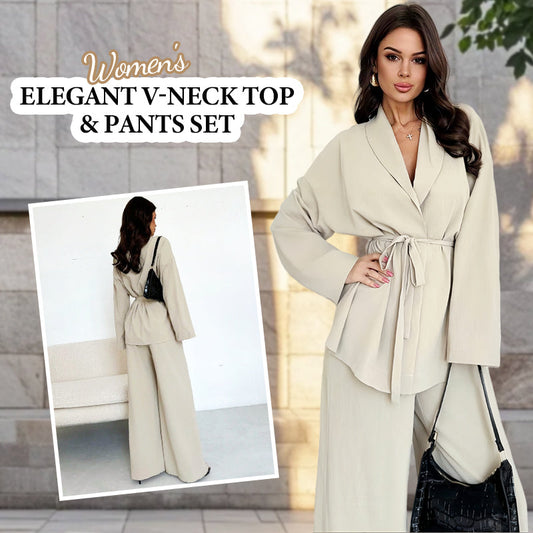 Women’s Elegant V-Neck Top & Wide-Leg Pants 2-Piece Set
