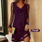 Elegant Cowl Neck A-Line Dress with Lace Sleeve