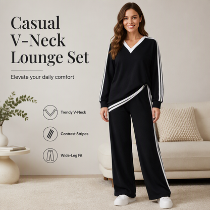 ⌛Limited-Time Discount-Women's Two-Piece Casual Set V-Neck Long Sleeve Top and Wide Leg Striped Pants Outfit