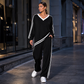 ⌛Limited-Time Discount-Women's Two-Piece Casual Set V-Neck Long Sleeve Top and Wide Leg Striped Pants Outfit