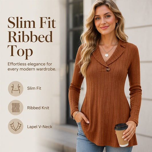 Women's V Neck Ribbed Knit Casual Top