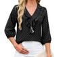 Women's Ruffle V-Neck 3/4 Sleeve Polka Dot Top