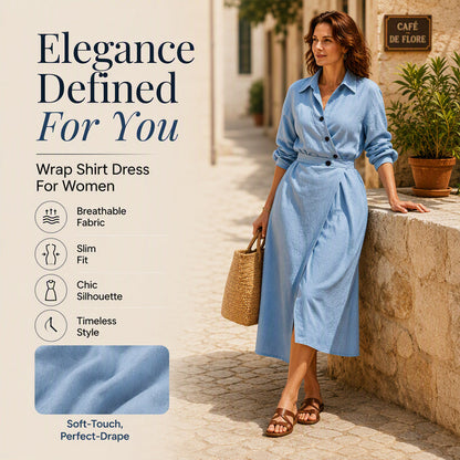 👗Women's Lapel Wrap Midi Shirt Dress with Pockets