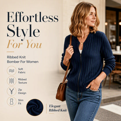 Women's Ribbed Knit Zip-Up Bomber Jacket