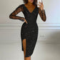 Women's Glittering Bodycon Dress with Mesh Sleeves