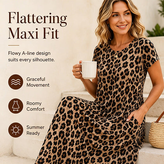 🥳2026 HOT SALE 50% Off🥳💞Women's Leopard Print Maxi Dress with Pockets Casual Short Sleeve Long Dress