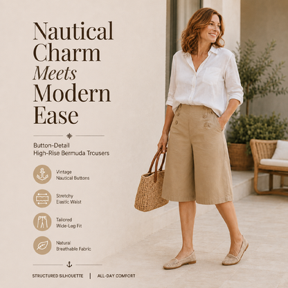 Women's High-Waist Button-Detail Bermuda Pants