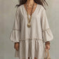 Women Striped V Neck Long Sleeve Lantern Sleeve Loose Dress