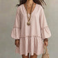 Women Striped V Neck Long Sleeve Lantern Sleeve Loose Dress