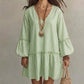 Women Striped V Neck Long Sleeve Lantern Sleeve Loose Dress