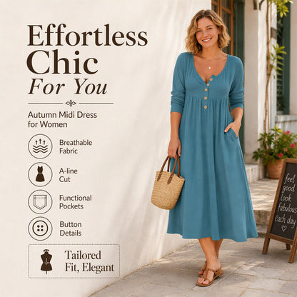 Women's V-Neck Button Pleated Dress