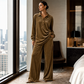 Women's Velvet Long Sleeve Shirt & Wide Leg Pants Set
