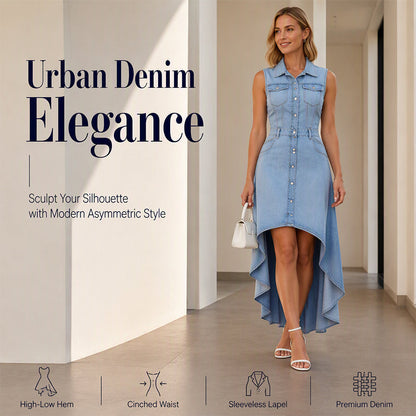 Women's Sleeveless Denim Dress with Asymmetrical Hem