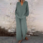 Casual Solid Color V-Neck Long Sleeve Top & Wide-Leg Pants Set
