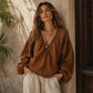 Women's V-Neck Cotton Linen Top with Lantern Sleeves