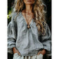 Women's V-Neck Cotton Linen Top with Lantern Sleeves