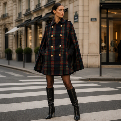 Women Vintage Plaid Cape Coat