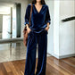 Women's Velvet V-Neck Top & Wide-Leg Pants Set