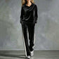 Women's Velvet Hooded Sweatshirt & Stripe Pants Set